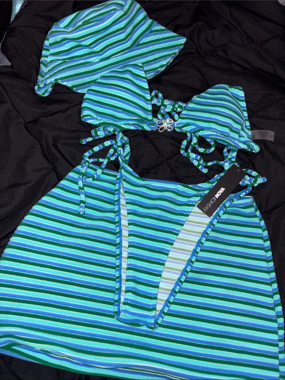Fashion Nova Blue & Green Striped bikini with Matching Hat and skirt